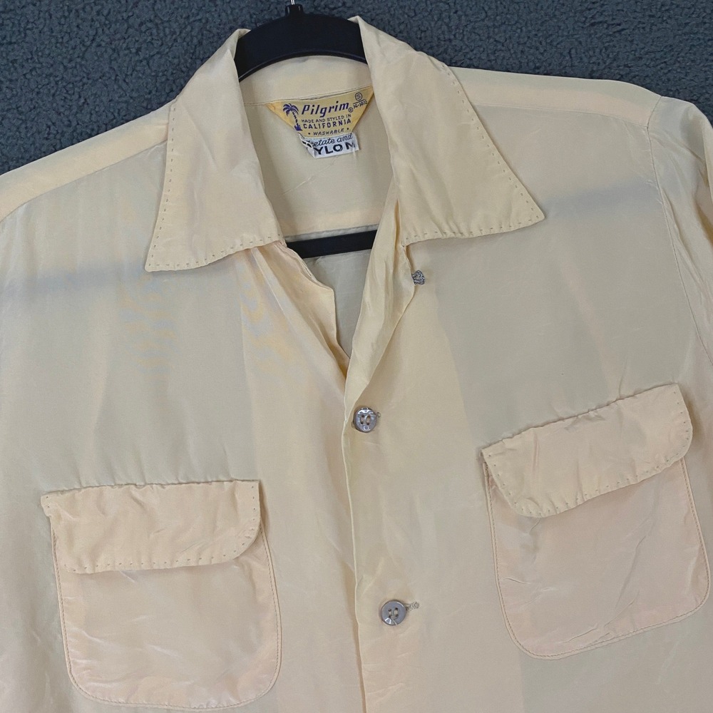 Vintage Pilgrim Shirt Mens Small Beige Camp Loop Collar Nylon Acetate Thin Sheer
